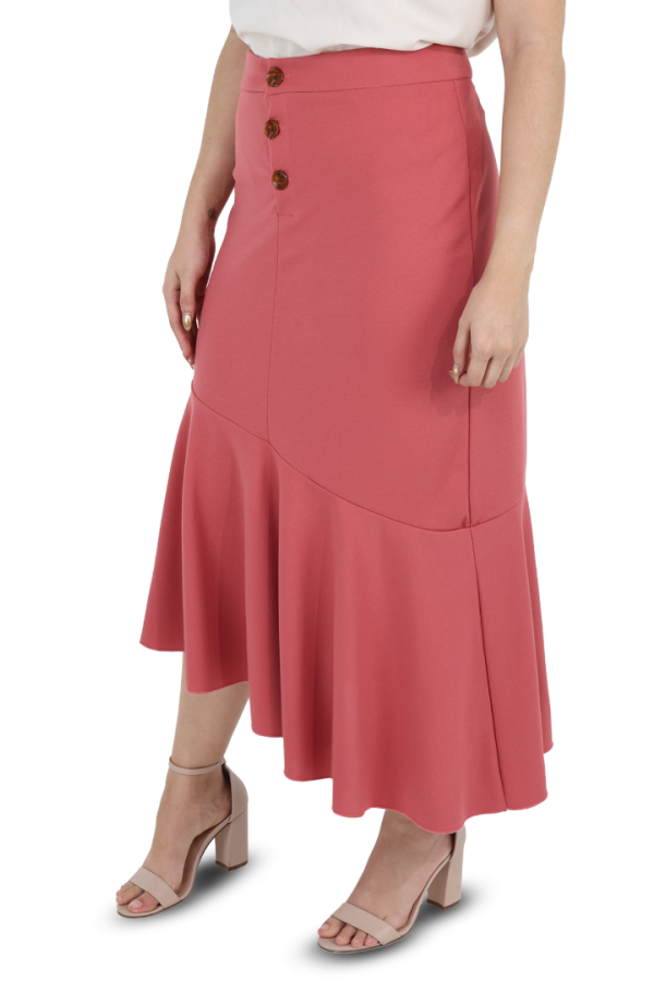 Falda Rosada Midi Asimétrica con Olan Abertura de Botones Para Mujer